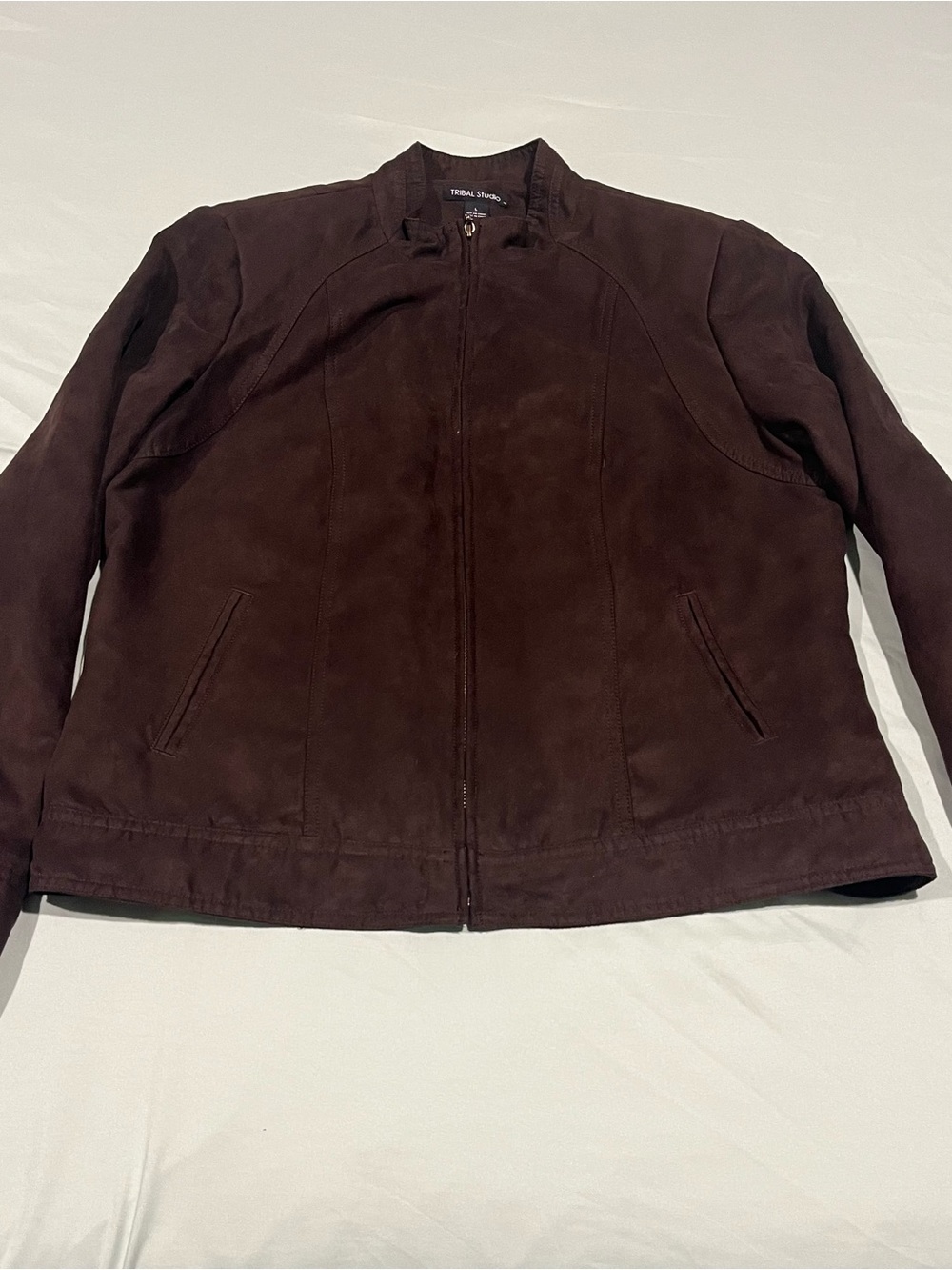 Tribal Studio Brown Faux Suede Zip Up Mock Neck Jacket, Lg